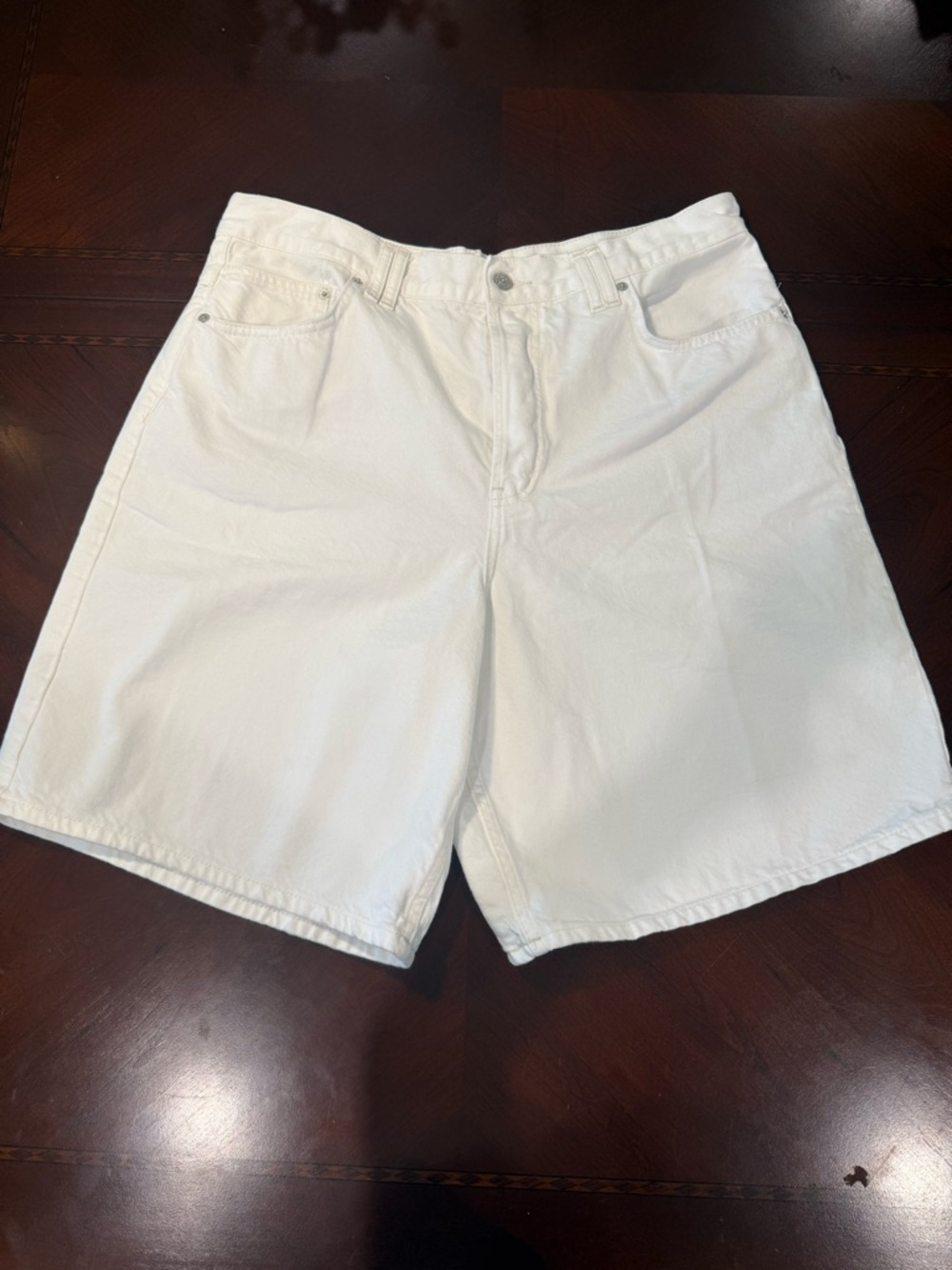 We the Free White Denim Shorts with Embossed Leather Waist Patch